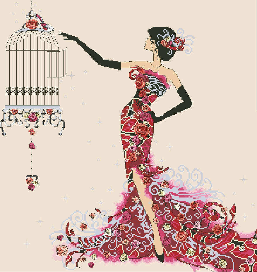 2 Schemi punto croce SAGA PDF + XSD + PK DMC WOMAN red and blu BUTTERFLY and bird cross stitch lady style spring winter pattern keeper facile da stampare