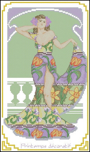 4 Schemi punto croce SAGA PDF + XSD + PK SUMMER WINTER autumn spring lady cross stitch seasons art nouveau dmc pattern keeper facili da stampare