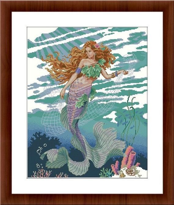 Schema punto croce SAGA PDF + XSD sirena dai capelli Rossi Red haired MERMAID ocean PRINCESS cross stitch pattern keeper facile da stampare