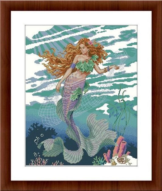 Schema punto croce SAGA PDF + XSD sirena dai capelli Rossi Red haired MERMAID ocean PRINCESS cross stitch pattern keeper facile da stampare