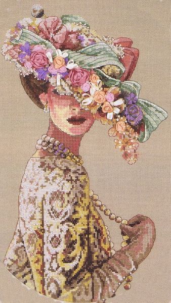 Schema punto croce SAGA PDF + XSD DONNA con cappello fiorato WOMAN PK with flowered HAT cross stitch victorian elegance xsd saga dmc pattern keeper stampabile