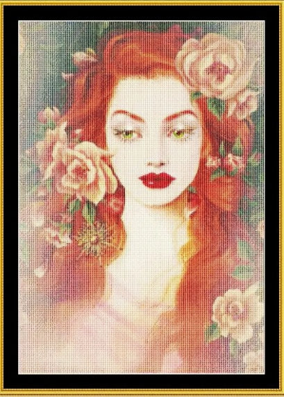 Schema punto croce SAGA PDF + XSD PK SAGA Volto di donna capelli da rossa FACE of red-haired woman ROSES cross stitch pattern keeper facie da stampare