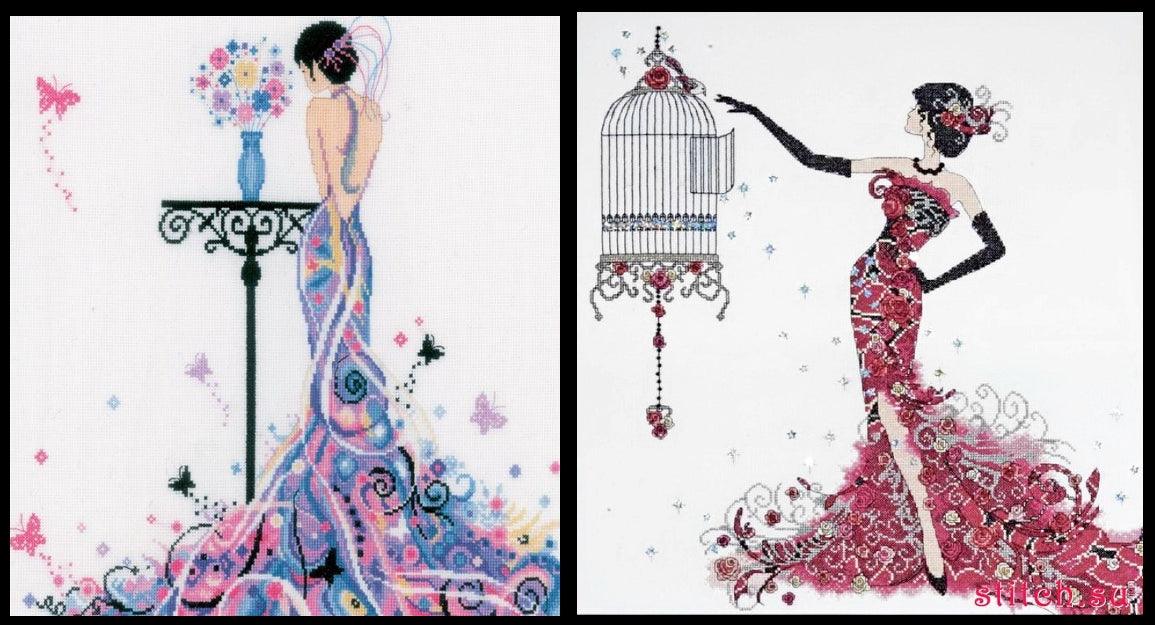 2 Schemi punto croce SAGA PDF + XSD + PK DMC WOMAN red and blu BUTTERFLY and bird cross stitch lady style spring winter pattern keeper facile da stampare