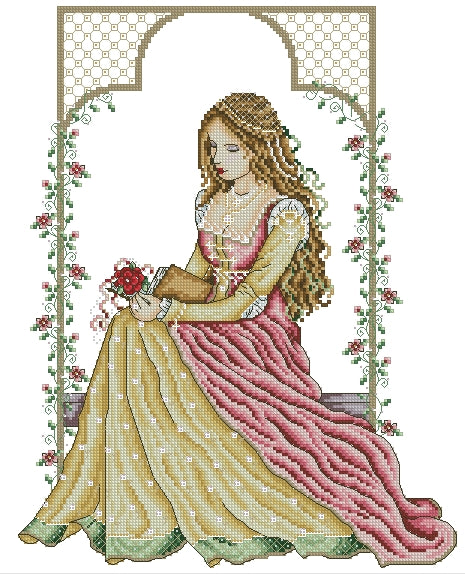 Schema punto croce SAGA PSD + XSD ITALIAN LADY Renaissance Sant VALENTINE passion romantic woman LOVE Cross stitch pattern keeper facile da stampare