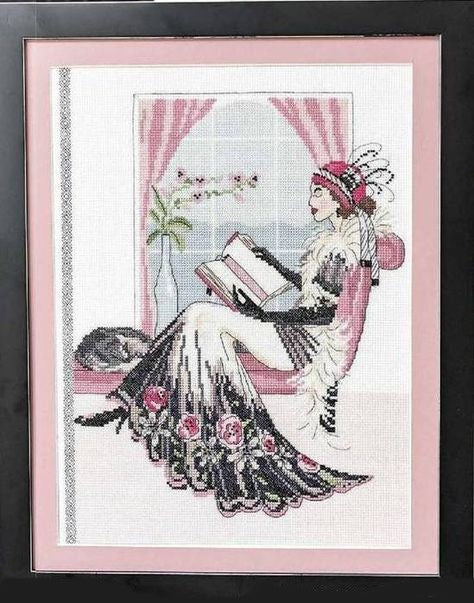 Schema punto croce SAGA PDF XSD profilo di donna PROFILE of WOMAN con FEATHERS cross stitch lady reads book patterns stampabile