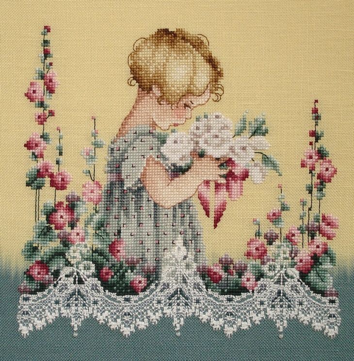 Schema punto croce SAGA PDF + XSD little girl pick FLOWER cross stitch baby SHOWER emma's pattern keeper garden birt pk facile da stampare