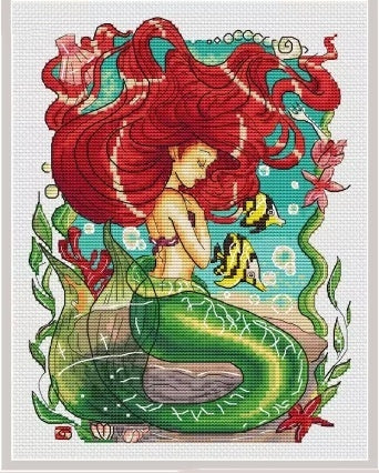 Schema punto croce SAGA PDF + XSD SIRENA dai capelli Rossi Red haired MERMAID cross stitch pattern queen princess keeper facile da stampare