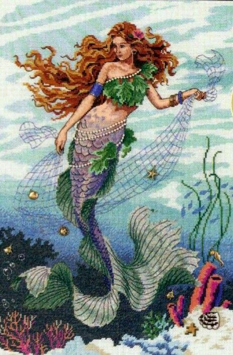 Schema punto croce SAGA PDF + XSD sirena dai capelli Rossi Red haired MERMAID ocean PRINCESS cross stitch pattern keeper facile da stampare