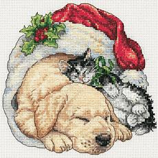 Schema punto croce SAGA PDF + XSD cuccioli dormono nel cappello natale cross stitch SANTA hat sleeps PUPPIES cat dog pattern keeper da stampare