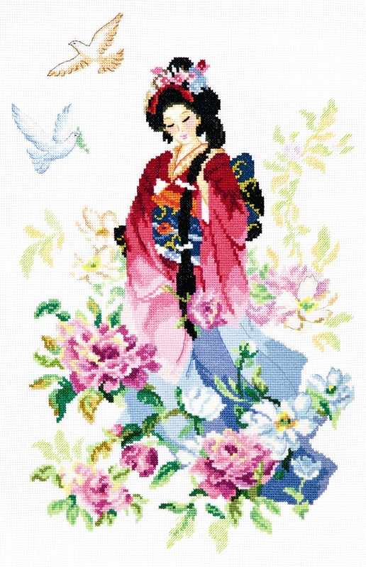 Schema punto croce SAGA PDF XSD GEISHA flowers and DOVES of a geisha cross stitch chinese pattern keeper xsd pdf facilmente stampabile