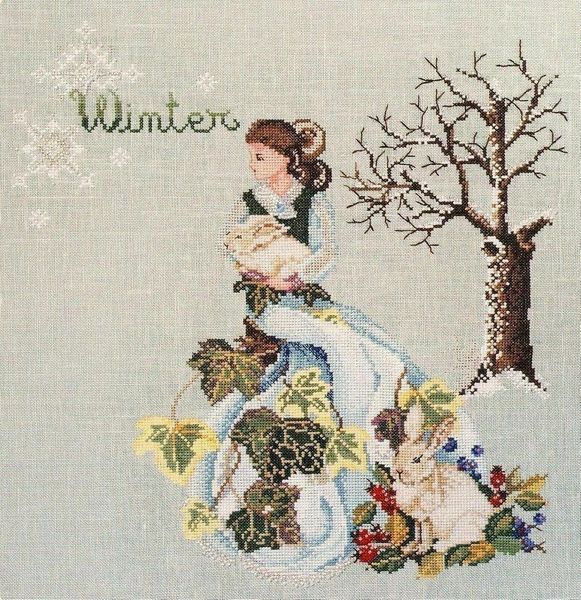 Schema punto croce SAGA PDF + XSD stagione WINTER WOMAN cross stitch seasons lady dama  freddo neve animali rabbit da stampare dmc patterns