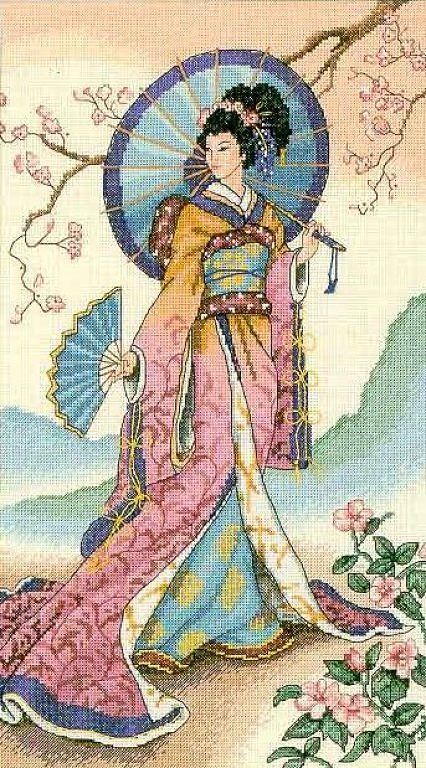 Schema punto croce SAGA pdf + xsd geisha UMBRELLA and fan GEISHA cross stitch flower of the east lady patterns jappanese facile da stampare