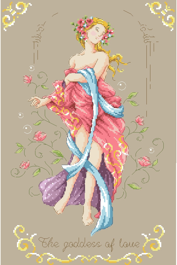 Schema punto croce SAGA PDF XSD la dea dell'amore the GODDESS of LOVE saint VALENTINE cross stitch dmc pattern keeper woman dea greca facile da stampare