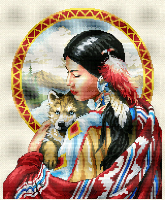 Schema punto croce SAGA + PDF XSD PK SAGA GUARDIAN SPIRIT INDIANA WOLF WOMAN cross stitch woman nature sensual lady seasons pattern keeper pk xsd facile da stampare
