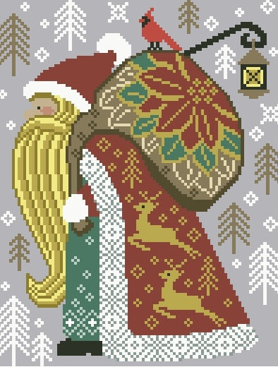 Schema punto croce SAGA PDF + XSD PK SANTA FOREST cross stitch sacco mantello renne animali bird dmc ornament pattern keeper facile da stampare