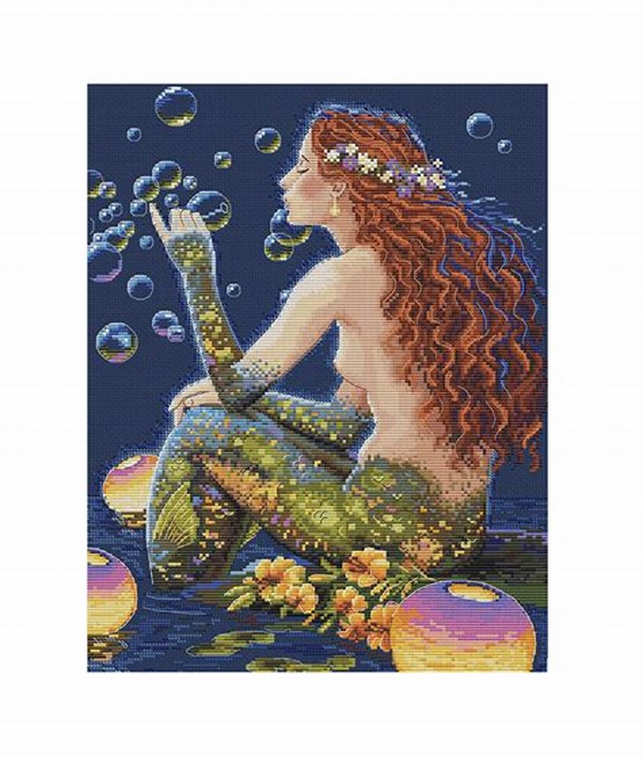 Schema punto croce SAGA PDF + XSD BUBBLES sirena Rossa Red HAIRED MERMAID cross stitch patter keeper mermaid and soap BUBBLES facile da stampare