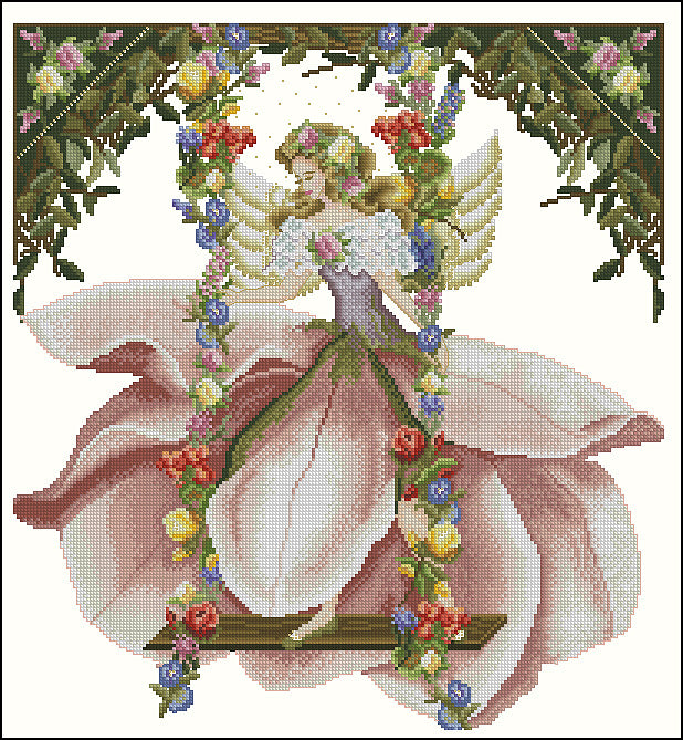 Schema punto croce SAGA PDF XSD dmc Angelo delle MAGNOLIA ANGEL flower cross stitch spring fairy pattern keeper xsd pk ninfa facile da stampare