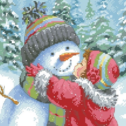 Schema punto croce SAGA PDF + XSD bacio al mio pupazzo neve Natale a kiss my SNOWMAN CHRISTMAS cross stitch dmc patterns facile da stampare