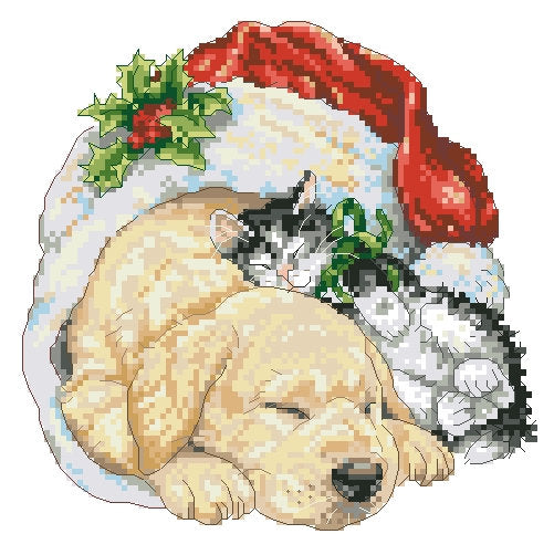 Schema punto croce SAGA PDF + XSD cuccioli dormono nel cappello natale cross stitch SANTA hat sleeps PUPPIES cat dog pattern keeper da stampare