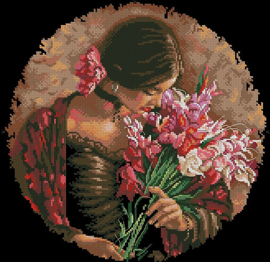 Schema punto croce SAGA PDF + XSD + PK DONNA spagnola con mazzo di fiori SPANISH WOMAN with flowered ross stitch patterns stampabile