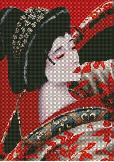 Schema punto croce SAGA PDF + XSD KABUKI face of an oriental girl geisha profile cross stitch GEISHA pattern keeper facile da stampare