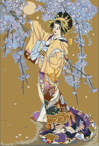 Schema punto croce SAGA PDF + XSD PK GEISHA il PESCO the geisha and the peach tree cross stitch pattern keeper white blossom facile da stampare