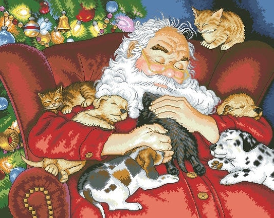 Schema punto croce SAGA PDF + XSD + PK Babbo natale SANTA CLAUS CHRISTMAS cross stitch sleeps with puppies cat and dog dmc patterns facile da stampare