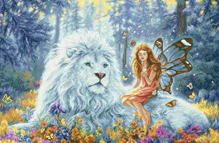 Schema punto croce SAGA PDF + XSD SAGA PK la fata e il leone bianco WHITE LION and the fairy with red cross stitch patterns chart facile da stampare