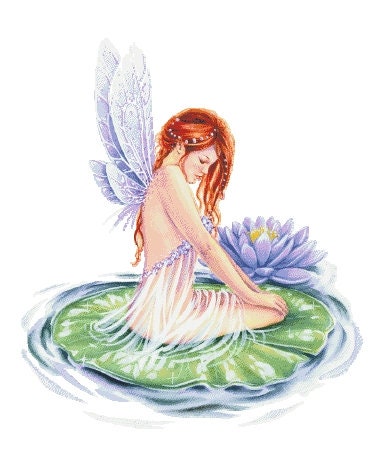 Schema punto croce SAGA PDF + XSD fata del lago POND waterlily FAIRY on leaf cross stitch spirit nature pattern keeper facile da stampare