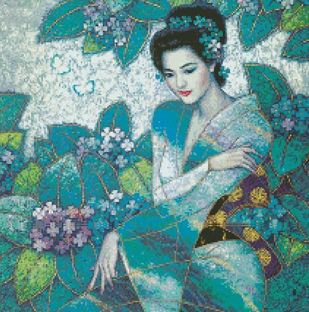 Schema punto croce SAGA PDF + XSD donna ORIENTALE GEISHA thoughtful Japanese girl cross stitch patterns facilmente stampabile