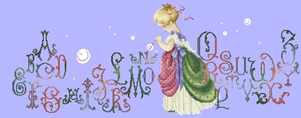 Schema punto croce SAGA PDF + XSD ENCHANTED ALPHABET girl play SOAP BUBBLES  and soap cross stitch alphabet dmc facile da stampabile