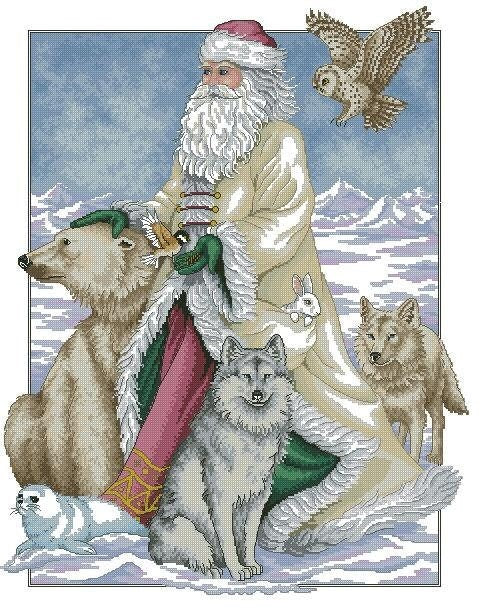 Schema punto croce SAGA PDF + XSD SANTA claus and animal cross stitch POLAR  dmc pattern keeper bear snow wolf owl pk facile da stampare