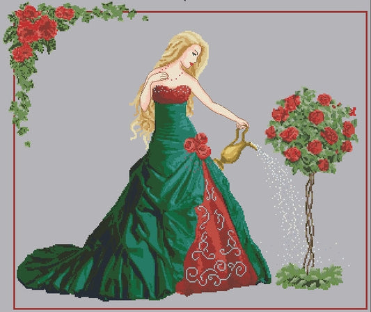 Schema punto croce SAGA + pdf donna bionda vestito verde cross stitch QUEEN of WATER pattern keeper lady xsd pk dmc dama facile da stampare