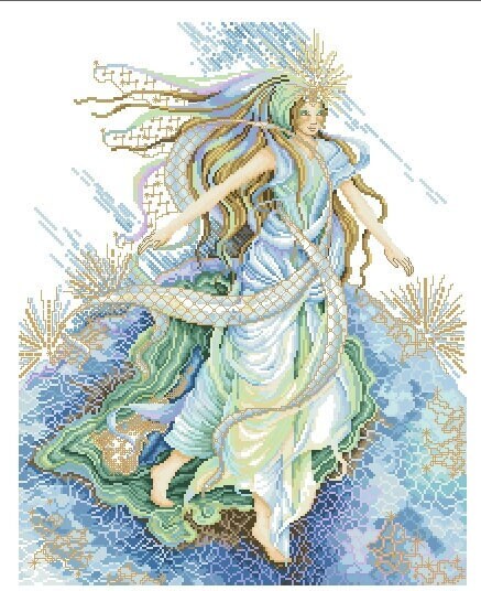 Schema punto croce SAGA PDF + XSD LANARTE goddess of the GLITTERING STONE sea cross stitch pattern keeper  fantasy angel patterns facile da stampare