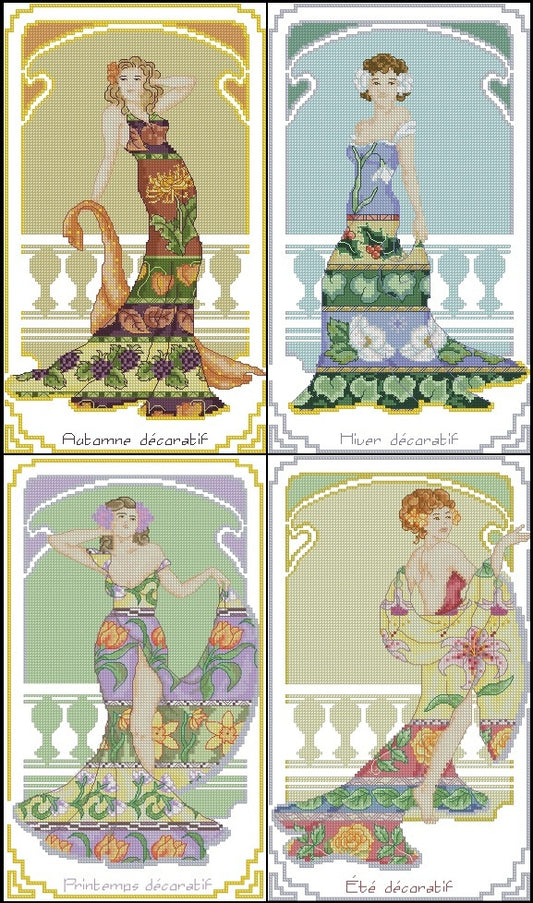 4 Schemi punto croce SAGA PDF + XSD + PK SUMMER WINTER autumn spring lady cross stitch seasons art nouveau dmc pattern keeper facili da stampare