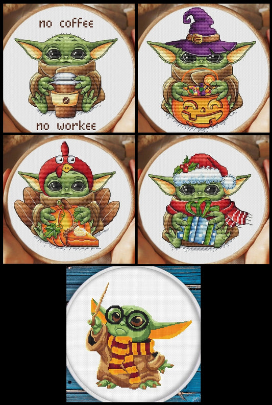 5 Schemi punto croce PDF STAR WARS yoda THANKSGIVING day CHRISTMAS HALLOWEEN coffe break cross stitch nascita mago baby shower facili da stampare